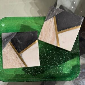 Geometric Real Marble Coasters with Brass Gold Accent NWT Set of 2